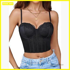Lace Bustier Crop Top with Underwire, Adjustable Straps, V-Neck